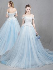 Fashion Off the Shoulder With Train Light Blue Wedding Gowns Tulle Chapel Train Sleeveless Appliques