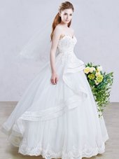 Stylish White Tulle Lace Up Bridal Gown Sleeveless Floor Length Appliques
