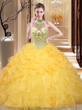 Halter Top Floor Length Lace Up Quinceanera Gowns Yellow and In for Military Ball and Sweet 16 and Quinceanera with Beading and Ruffles and Pick Ups