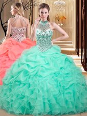 Chic Halter Top Apple Green Lace Up Quince Ball Gowns Beading and Ruffles and Pick Ups Sleeveless Floor Length