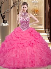 Hot Selling Hot Pink Ball Gowns Organza Halter Top Sleeveless Beading and Ruffles and Pick Ups Floor Length Lace Up Quince Ball Gowns