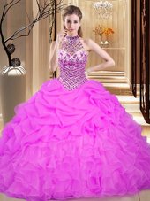Hot Selling Halter Top Sleeveless Floor Length Beading and Ruffles and Pick Ups Lace Up Quinceanera Gown with Lilac