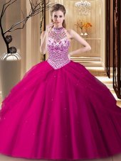 Hot Selling Halter Top Tulle Sleeveless With Train Sweet 16 Dresses Brush Train and Beading and Pick Ups