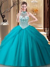 Luxurious Halter Top Sleeveless Ball Gown Prom Dress Brush Train Beading and Pick Ups Teal Tulle