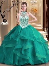 Stylish Dark Green Ball Gowns Halter Top Sleeveless Tulle With Brush Train Lace Up Beading and Ruffles 15 Quinceanera Dress