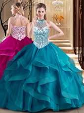 Super Halter Top Sleeveless With Train Beading and Ruffles Lace Up Quinceanera Dresses with Teal Brush Train