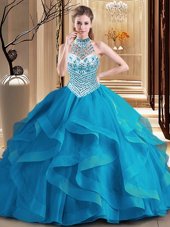 Amazing Halter Top Blue Tulle Lace Up Quinceanera Dresses Sleeveless With Brush Train Beading and Ruffles