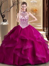 Elegant Halter Top Sleeveless With Train Beading and Ruffles Lace Up Quinceanera Gowns with Fuchsia Brush Train