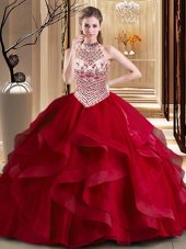 Graceful Wine Red Tulle Lace Up Halter Top Sleeveless With Train Sweet 16 Dresses Brush Train Beading and Ruffles