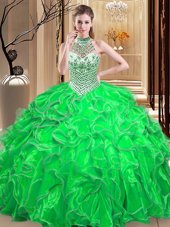 Customized Ball Gowns Organza Halter Top Sleeveless Beading and Ruffles Floor Length Lace Up Quinceanera Dresses