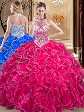 Shining Halter Top Floor Length Lace Up Quinceanera Dress Hot Pink and In for Military Ball and Sweet 16 and Quinceanera with Beading and Ruffles