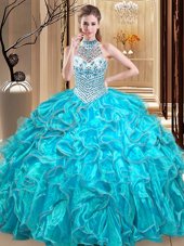 Custom Made Halter Top Beading and Ruffles Sweet 16 Dress Aqua Blue Lace Up Sleeveless Floor Length