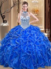 Fantastic Royal Blue Halter Top Neckline Beading and Ruffles Sweet 16 Quinceanera Dress Sleeveless Lace Up