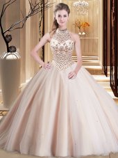 Top Selling Halter Top Sleeveless Tulle Ball Gown Prom Dress Beading Brush Train Lace Up
