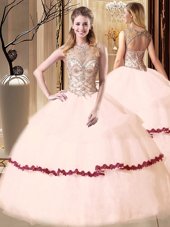 Glamorous Scoop Pink Tulle Lace Up Quinceanera Dresses Sleeveless Floor Length Beading and Appliques