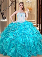 Charming Strapless Sleeveless Organza Ball Gown Prom Dress Embroidery and Ruffles Lace Up