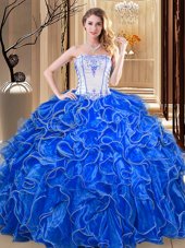 Low Price Sleeveless Lace Up Floor Length Embroidery and Ruffles Sweet 16 Dress