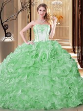 Designer White and Green Sleeveless Floor Length Embroidery and Ruffles Lace Up Sweet 16 Dress