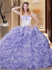 Customized Floor Length White and Lavender Quinceanera Dresses Strapless Sleeveless Lace Up