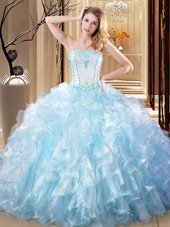 Designer White and Blue Strapless Lace Up Embroidery and Ruffles Vestidos de Quinceanera Sleeveless