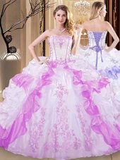 Top Selling Sleeveless Organza Floor Length Lace Up Vestidos de Quinceanera in White and Lilac for with Embroidery and Ruffled Layers