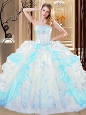 Hot Selling White and Blue Ball Gowns Organza Strapless Sleeveless Embroidery and Ruffled Layers Floor Length Lace Up Sweet 16 Dresses