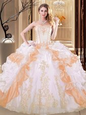 Romantic White and Yellow Lace Up Strapless Embroidery and Ruffled Layers 15th Birthday Dress Organza Sleeveless