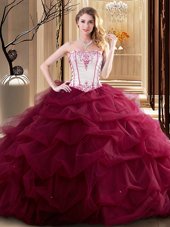 Ruffled White and Red Sleeveless Tulle Lace Up Quinceanera Gowns for Military Ball and Sweet 16 and Quinceanera