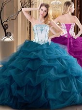 Amazing White and Teal Strapless Neckline Embroidery and Ruffled Layers Sweet 16 Dress Sleeveless Lace Up