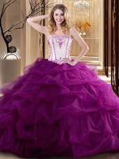 Colorful White and Fuchsia Strapless Lace Up Embroidery and Ruffled Layers Quinceanera Gowns Sleeveless