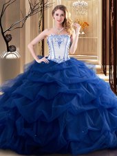 Blue And White Tulle Lace Up Ball Gown Prom Dress Sleeveless Floor Length Embroidery and Ruffled Layers