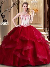 Noble Strapless Sleeveless Tulle Ball Gown Prom Dress Embroidery Lace Up