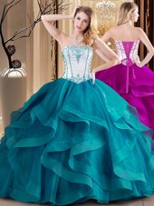 Attractive White and Teal Tulle Lace Up Quinceanera Gown Sleeveless Floor Length Embroidery