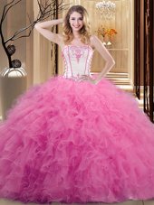 Hot Selling Strapless Sleeveless 15th Birthday Dress Floor Length Embroidery White and Rose Pink Tulle