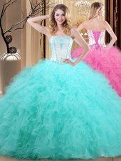 Fashionable Blue And White Ball Gowns Strapless Sleeveless Tulle Floor Length Lace Up Embroidery Sweet 16 Dresses