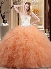 Elegant White and Rose Pink and Orange Strapless Neckline Embroidery and Ruffled Layers 15th Birthday Dress Sleeveless Lace Up