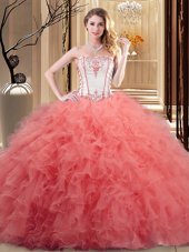 Most Popular Watermelon Red and Rose Pink and Orange Sleeveless Floor Length Embroidery and Ruffled Layers Lace Up Sweet 16 Quinceanera Dress