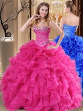 Latest Hot Pink Sleeveless Organza Lace Up Quinceanera Dress for Military Ball and Sweet 16 and Quinceanera