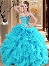 Aqua Blue and Turquoise Sweetheart Lace Up Beading and Ruffles Quinceanera Gowns Sleeveless