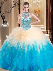 Inexpensive Halter Top Sleeveless Lace Up Quinceanera Gown Multi-color Tulle