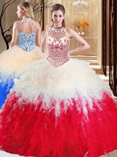 Classical Halter Top Floor Length White And Red Sweet 16 Dresses Tulle Sleeveless Beading and Ruffles