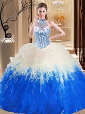 Excellent Tulle Halter Top Sleeveless Lace Up Beading and Ruffles 15 Quinceanera Dress in Blue And White