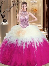 Adorable Halter Top Beading and Ruffles Quinceanera Dress Multi-color Lace Up Sleeveless Floor Length