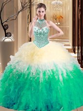 Attractive Halter Top Sleeveless Lace Up Quinceanera Dress Multi-color Tulle