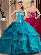 Customized Ball Gowns Quinceanera Dress Teal Sweetheart Tulle Sleeveless Floor Length Lace Up