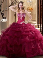 Deluxe Sleeveless Floor Length Embroidery and Ruffles Lace Up Quince Ball Gowns with Wine Red