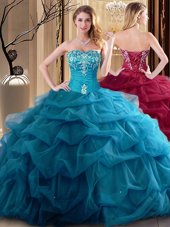 Pretty Teal Ball Gowns Tulle Sweetheart Sleeveless Embroidery and Ruffles Floor Length Lace Up Sweet 16 Dress