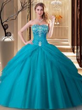 Fantastic Sleeveless Floor Length Embroidery Lace Up 15 Quinceanera Dress with Teal