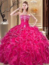 New Arrival Hot Pink Sleeveless Embroidery and Ruffles Floor Length Quinceanera Gowns