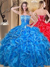 Blue Organza Lace Up Sweetheart Sleeveless Floor Length Quinceanera Gown Embroidery and Ruffles